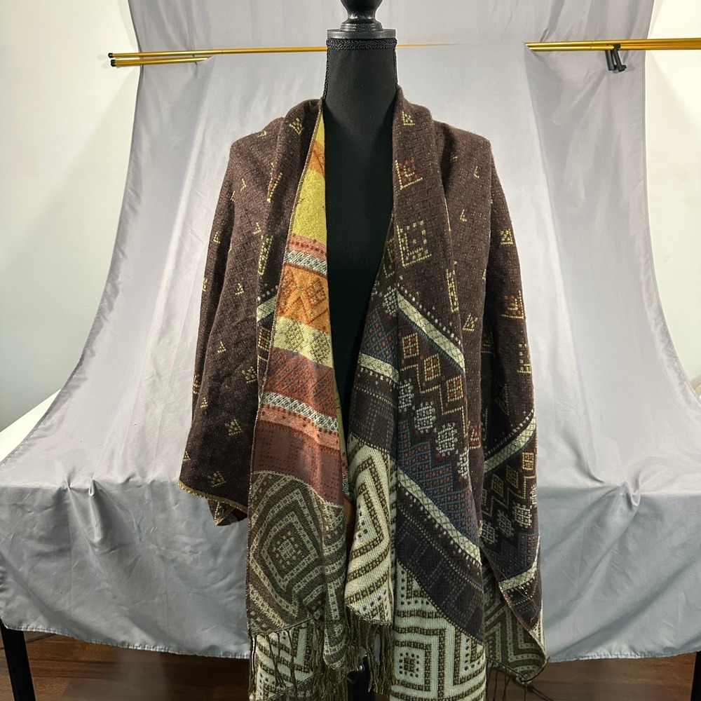 Lovestitch Brown Multi Pattern Fringe Poncho Wrap One Size Bohemian Shawl